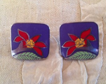 Laurel Burch Earrings WILD LILY Cobalt Blue Square Cloisonne Post Stud Vintage Jewelry 1980s