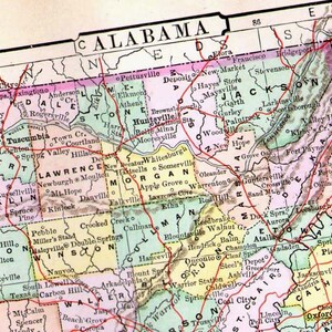 Carte de l'Alabama USA États-Unis 1896 Époque victorienne Gravure sur cuivre antique Cartographie à encadrer