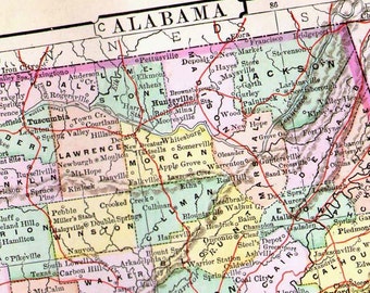 Alabama Map USA United States 1896 Victorian Era Antique Copper Engraving Cartography To Frame