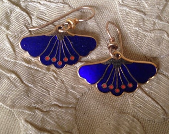 Laurel Burch COBALT BLUE PEONY Flower Fans Cloisonne Earrings French Ear Wires Vintage Jewelry 1980s Gold Plated