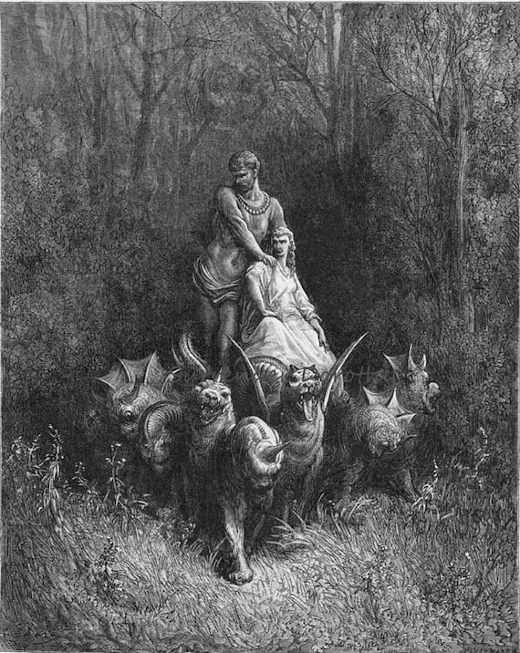 Purgatorio Canto 32 Giant, Harlot Chariot Engraving Gustave Dore