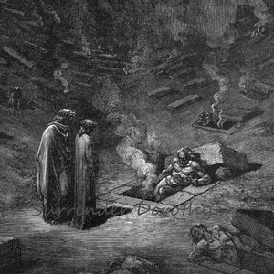 May include: A black and white engraving depicting a scene from Dante's Inferno. Two figures stand in the foreground, while a figure lies in a tomb in the background. The scene is set in a dark and desolate landscape.