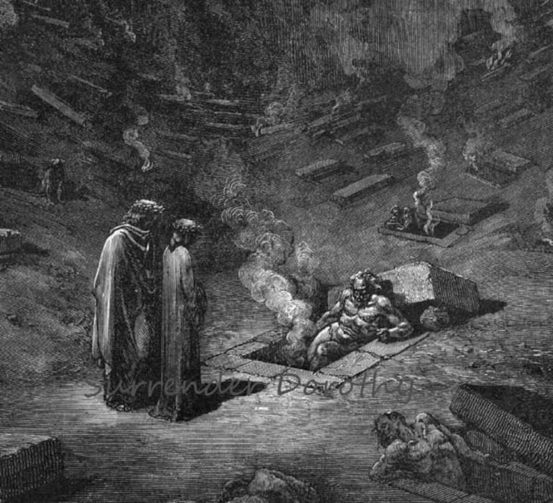 May include: A black and white engraving depicting a scene from Dante's Inferno. Two figures stand in the foreground, while a figure lies in a tomb in the background. The scene is set in a dark and desolate landscape.