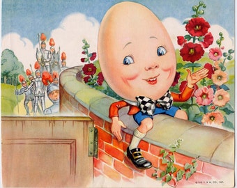 Humpty Dumpty Vintage Mother Goose Lithograph Nursery Illustration Eulalie Banks 1953