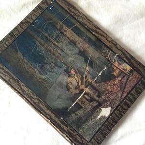 May include: A vintage illustration of a person in a forest setting, holding a rifle and wearing a hat. The image is in shades of brown, green, and blue, with a textured background.