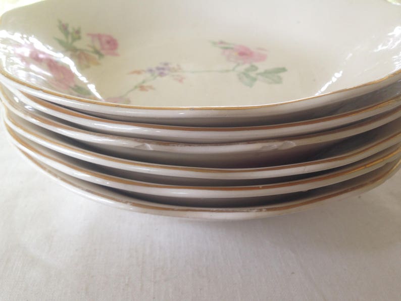 Royal China First Love 22k Gold Salad Plate Set 6 Bowls Vintage Floral China USA 1940s Shabby Chic Kitchen