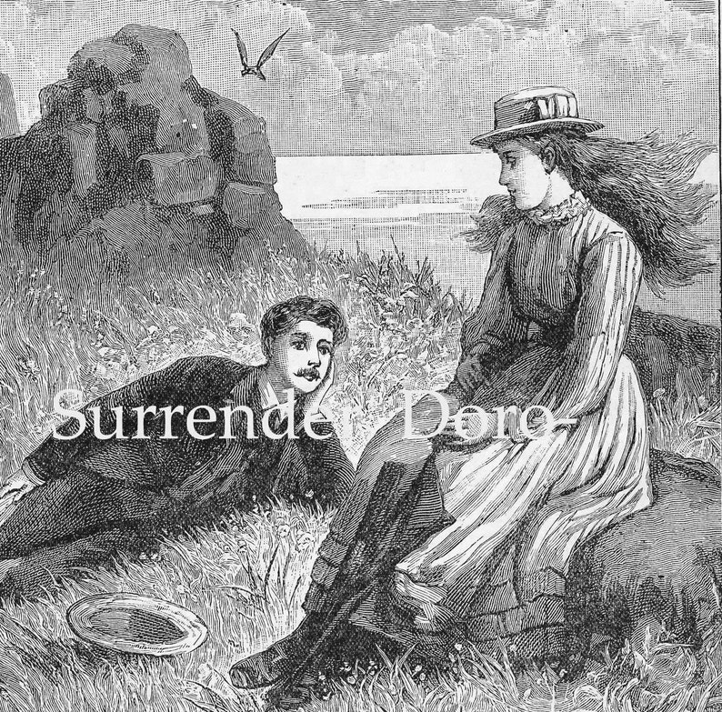 Seaside Courtship 1892 Antique Victorian Romance Original Vintage Engraving To Frame Black & White image 1