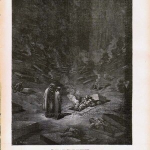 May include: A black and white engraving depicting a scene from Dante's Inferno. Two figures stand in the foreground, looking down at a group of people lying in a pit. The text at the bottom reads "En folt a me: Qui non gli esimere, O' lor begli occhi d'ogne betta... Inferno, C. IV, vv. 127-128."
