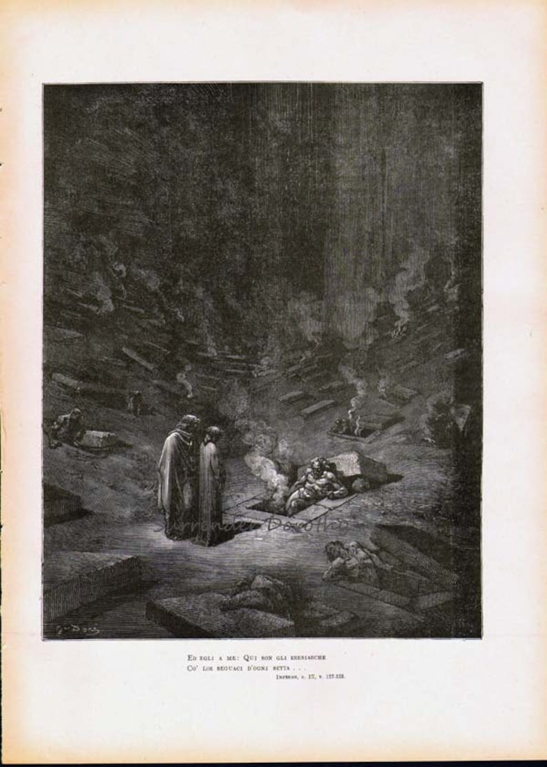 May include: A black and white engraving depicting a scene from Dante's Inferno. Two figures stand in the foreground, looking down at a group of people lying in a pit. The text at the bottom reads "En folt a me: Qui non gli esimere, O' lor begli occhi d'ogne betta... Inferno, C. IV, vv. 127-128."