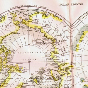 Regiones polares Polos norte y sur Mapa Cobre antiguo Grabado Cartografía europea 1892 Geografía victoriana vintage