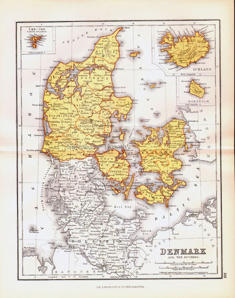 Denmark Map Iceland, Faroe Islands & Bornholm Inserts 1871 Victorian Lippencott Antique Copper Engraving European Cartography image 3