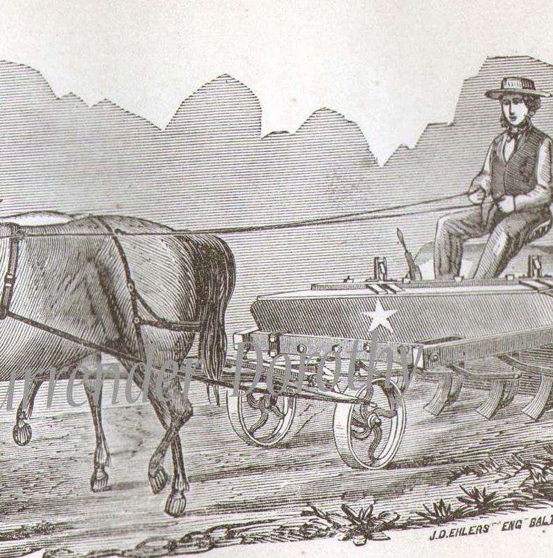 Star Drill Planter 1869 Antique Farm Agriculture Vintage Engraving Civil War Period To Frame Black /& White