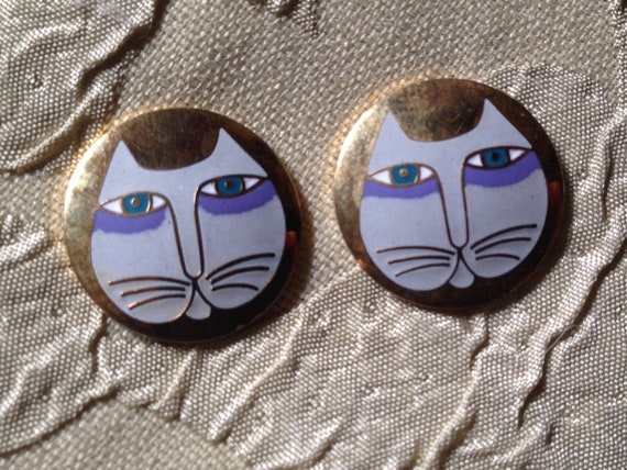 Laurel Burch Earrings MOON CAT Cloisonne Stud Pos… - image 1