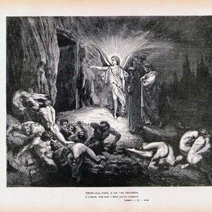 May include: A black and white engraving depicting a scene from Dante's Inferno. A winged angel stands in a doorway, beckoning a group of people out of a dark cave. The people are chained together and appear to be in distress.