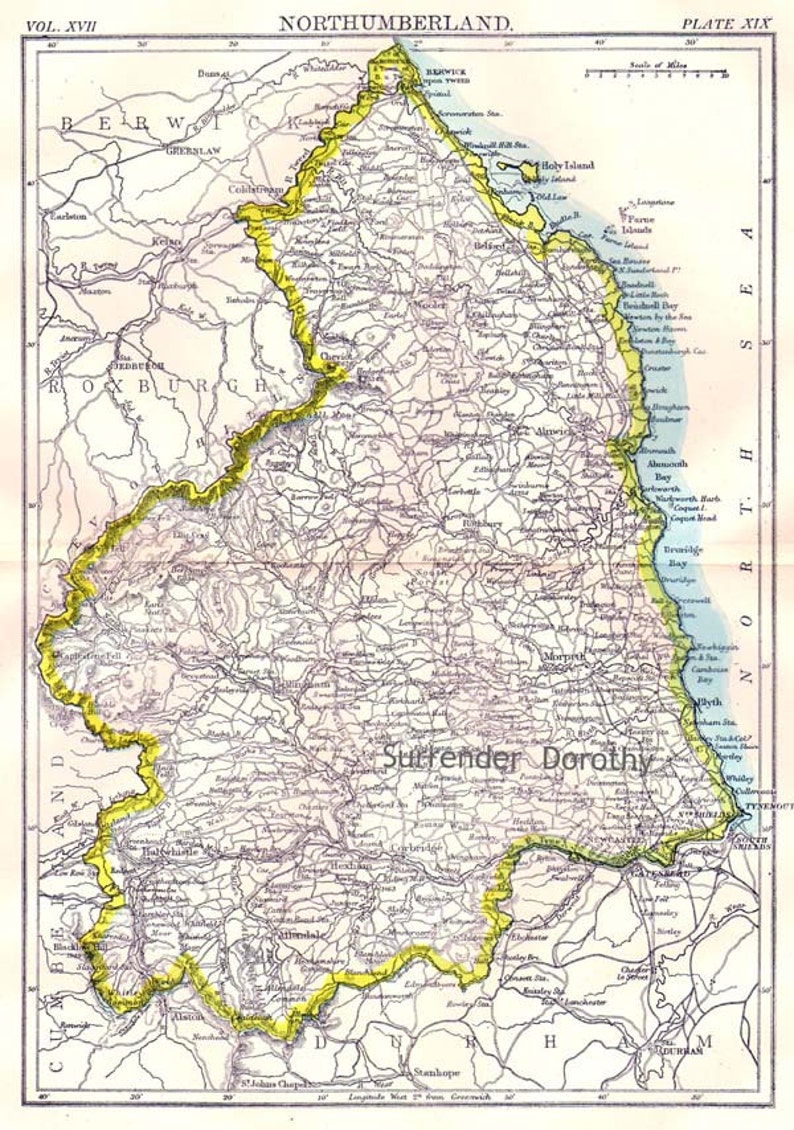 Northumberland County England Map Antique Copper Engraved Etsy