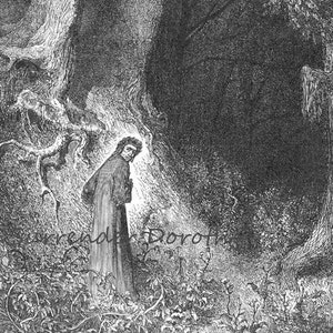 Könnte beinhalten: Eine detaillierte Schwarz-Weiß-Illustration zeigt eine Person in einem langen Mantel in einem Wald. Die Figur blickt über ihre Schulter. Die Szene ist dunkel, mit einem großen Baum und dichtem Laub. Das Bild hat einen Vintage-Kunststil.