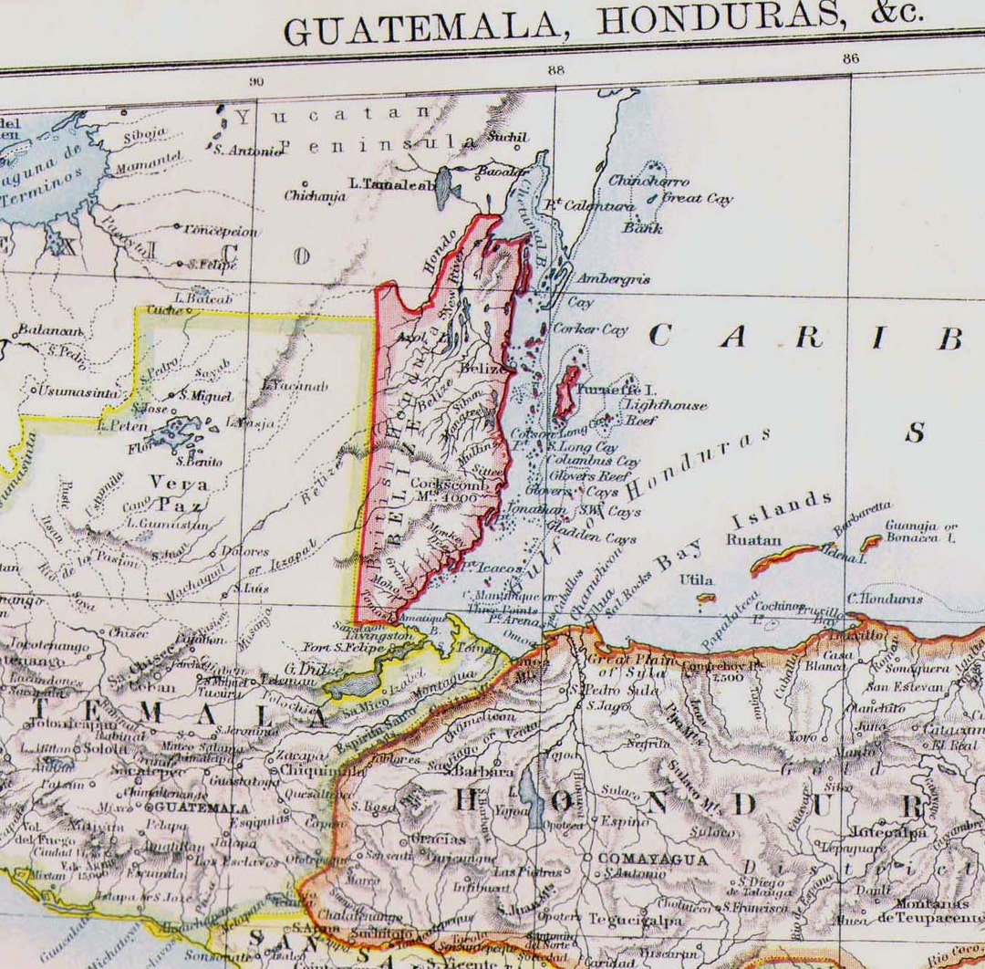 Guatemala Honduras Map Antique Copper Engraving Central America