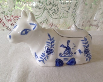 Delft Blue Cow Jam Pot Jar Windmill Holland Vintage 1990s Vintage Kitchen Ware