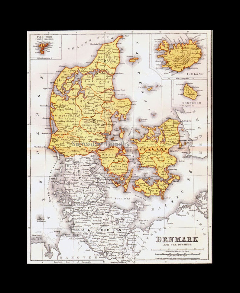 Denmark Map Iceland, Faroe Islands & Bornholm Inserts 1871 Victorian Lippencott Antique Copper Engraving European Cartography image 4