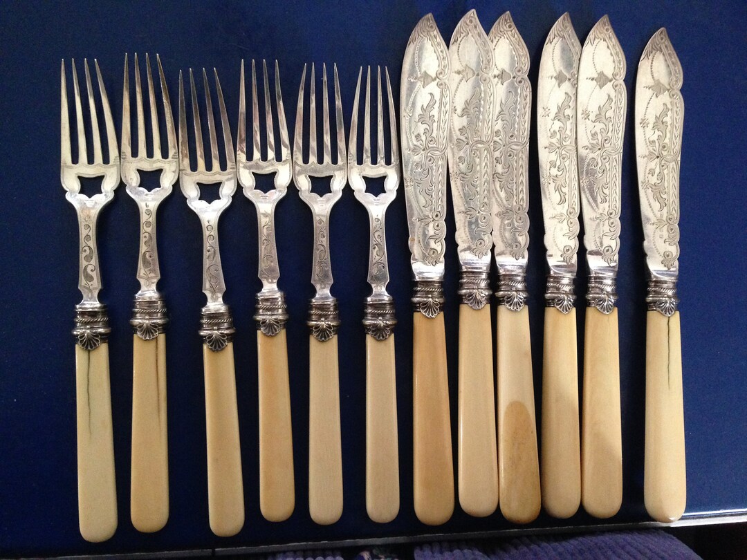 Bone Handle Flatware Fish Set Knives Forks Victorian Silver Etsy