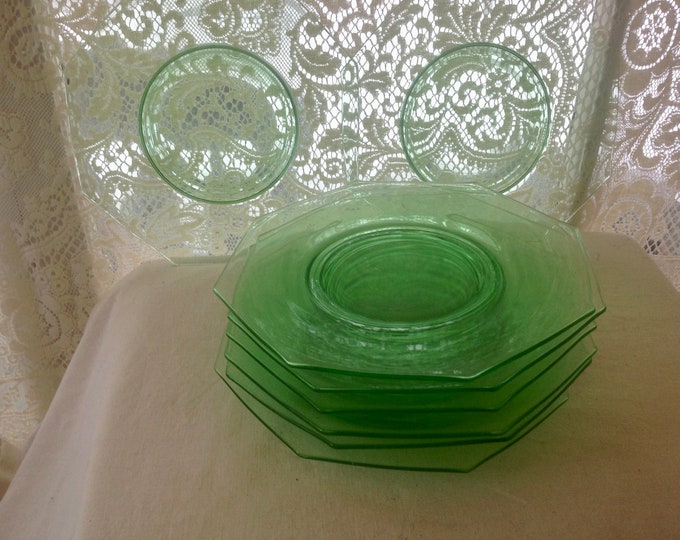 8 Green Depression Glass Luncheon Plates Imperial Glass Molly Green ...
