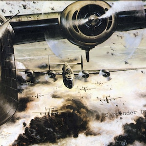 May include: A black and white illustration of a group of B-17 bombers flying in formation over a battlefield. The bombers are releasing bombs and smoke is rising from the ground. The text "Surrender Door" is visible in the lower right corner of the image.