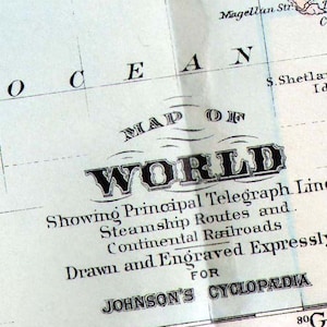 Mapa del Mundo 1896 Grande Antiguo Cobre Grabado Mapa Líneas de Telégrafo Rutas de Barcos de Vapor Ferrocarriles 13.5 x 10.5 Pulgadas