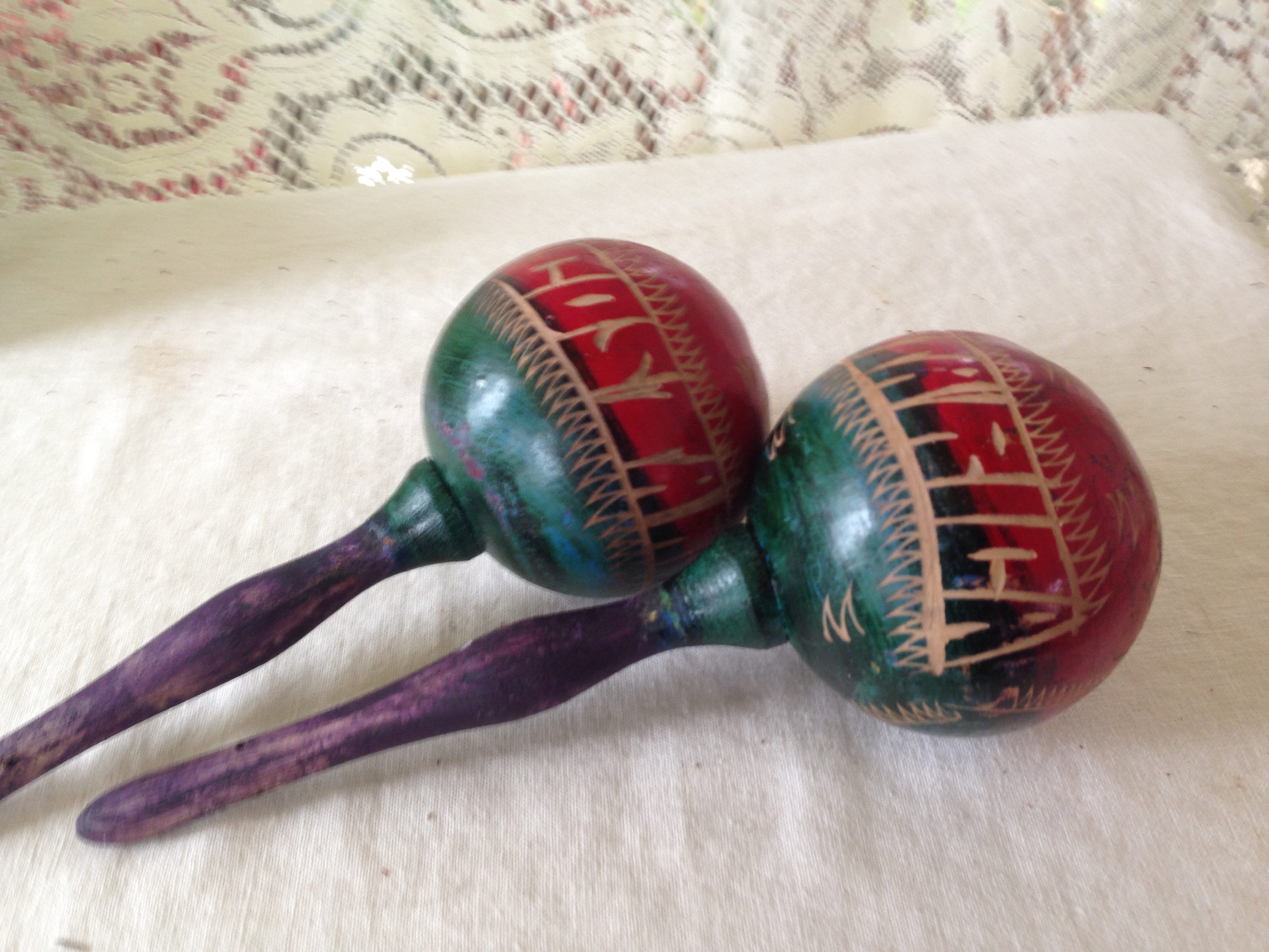 Vintage Gourd Maracas Rattle Wooden Instrument Toy Costa Rica