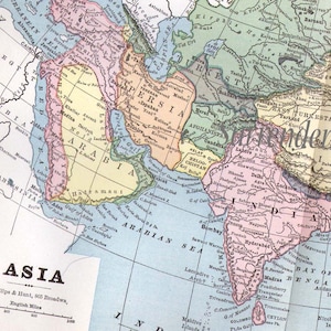 アジア地図 アンティーク ビクトリア朝 1888 ヴィンテージ アクアチント 地図作成 額装