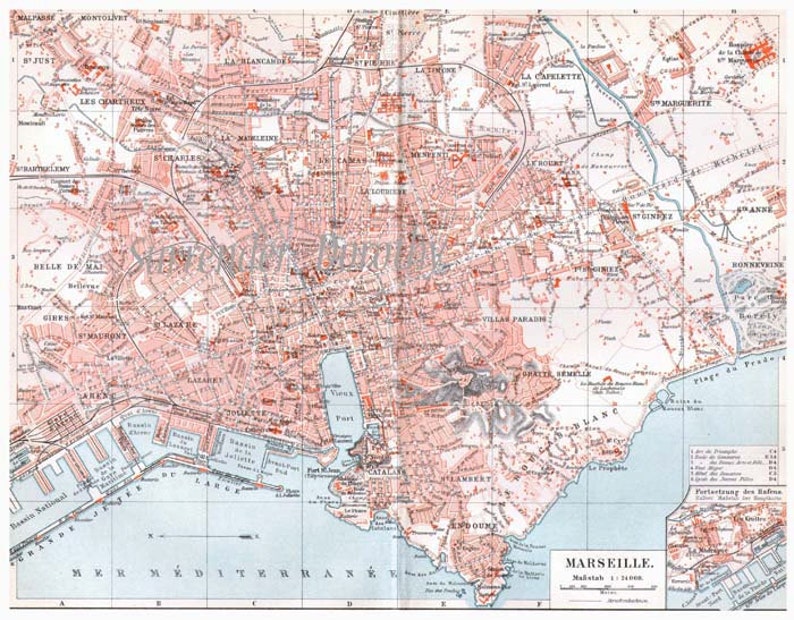 Marseille France City Map 1903 Vintage Edwardian Steel Engraving European Cartography To Frame image 2