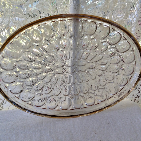 Vintage Jeanette Glass Thumbprint Platter Clear Pressed Glass Gold Trim Fancy Centerpiece Holiday Serving Piece Dresser Tray