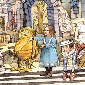 May include: A watercolor illustration of a scene from a children's book. A young girl in a blue dress stands next to a large, golden robot. The robot has a large, round head with a surprised expression. The girl is looking at the robot with a curious expression. In the background, there are other figures, including a woman in a white dress and a man in a jester's costume.
