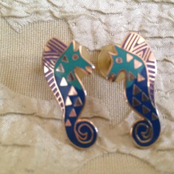 Laurel Burch SEA STALLION Sea Horse Cloisonne Ear… - image 3