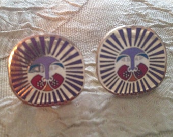 Laurel Burch LEONARDO Lion Face Cat Cloisonne Earrings Post Back Vintage Jewelry 1980s Red Purple Gold RARE