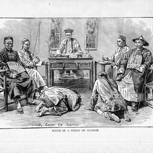 Criminal Justice In China Unusual Victorian Engraved Illustration To Frame 1890 Chinese Court Black & White image 3