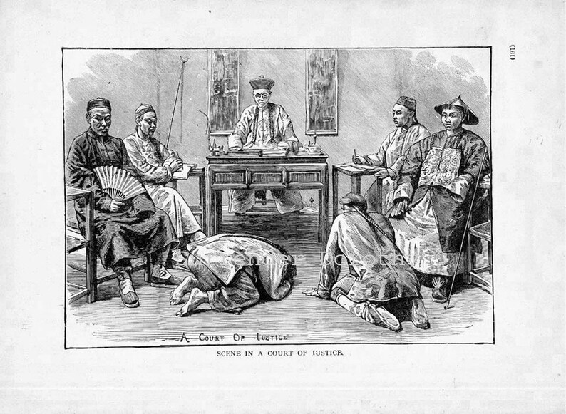 Criminal Justice In China Unusual Victorian Engraved Illustration To Frame 1890 Chinese Court Black & White image 3