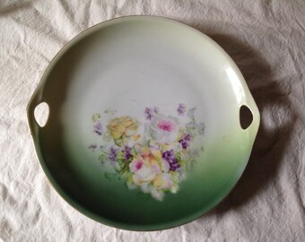 Handled Cookie Plate Pastel Roses Violets 9 Inch Porcelain Country Kitchen Decor Germany Bavaria