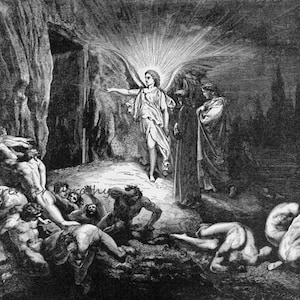 May include: A black and white engraving depicting a scene from the Bible. An angel with wings stands in a cave entrance, radiating light.  People are huddled together in the shadows, looking up at the angel.