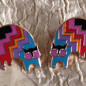 Laurel Burch Earrings Aztec Cat Stud Post Arched Back Cloisonné Art Jewelry RARE Signed Rainbow Colors LBGQT