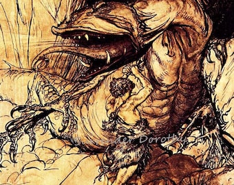 Siegfried Slays The Dragon Fafnir Arthur Rackham Edwardian Vintage Children's Lithograph Art PrintTo Frame