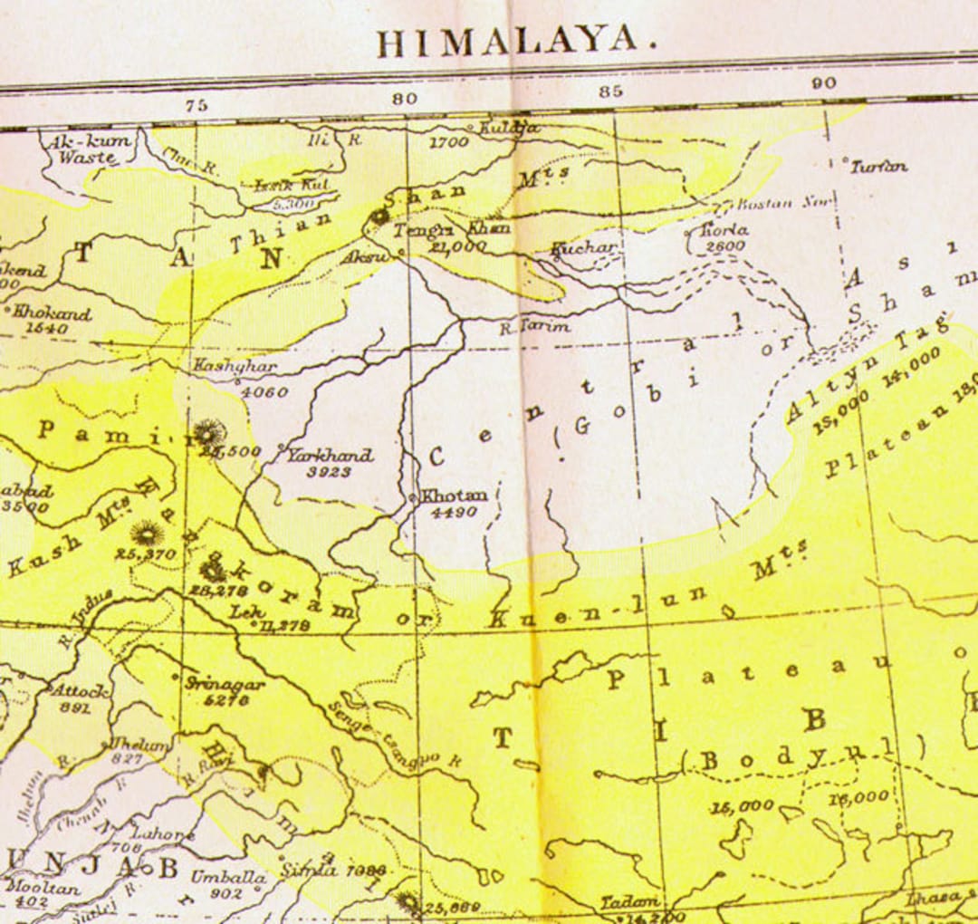 チベットヒマラヤ地図 アンティーク銅版画 アジア地図 1892年