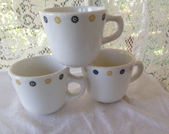 Homer Laughlin Teacups Coffee Cups Three Piece Set Vintage Heavy Restaurant China 1960s White Black Gold Suns
