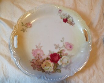 Silesia Porcelain Serving Plate Hand Painted Pink Rose Cutout Handles Signed 1920s
