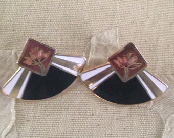 Laurel Burch Earrings BLACK Maroon LOTUS FLOWER Post Stud  Cloisonne Vintage Jewelry 1980s Gold