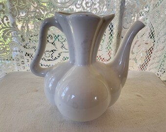 Winter White Ewer Vase Handle Fluted Embossed Mid Century 1950s Vintage Pottery Home Decor USA