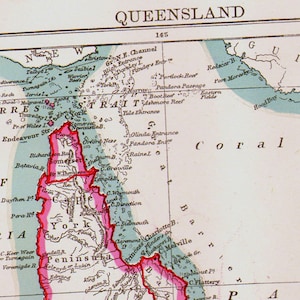 クイーンズランド オーストラリア地図 アンティーク銅彫刻地図作成 1892 ヴィンテージ ビクトリア朝地理アート 額装