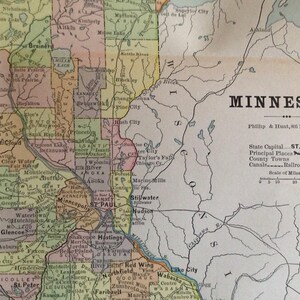 ミネソタ州アメリカ地図 アンティーク銅版彫刻 北米地図 1880 ビクトリア朝地理アート 額装