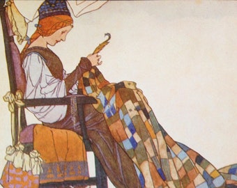 Quilting Queen Edmund Dulac Vintage Children's Lithograph Illustration To Frame 1927