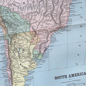 Mapa da América do Sul 1888 Vintage vitoriano antigo gravado cartografia geografia arte para enquadrar