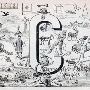 Puede incluir: Ilustración en blanco y negro con la letra "C" como elemento central, repleta de diversos dibujos, incluyendo una iglesia, animales, notas musicales y una bandera. El texto "Surrender Dorothy" es visible.